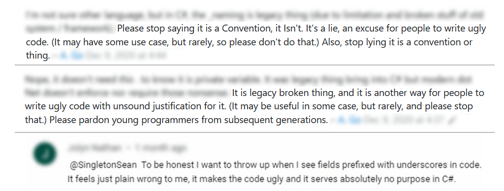 Screenshots of comments on the internet regarding the use of underscores in private variable names