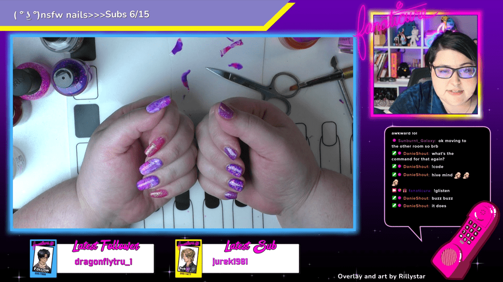 Screenshot of Fanaticure Twitch Stream showing offer her nail art.