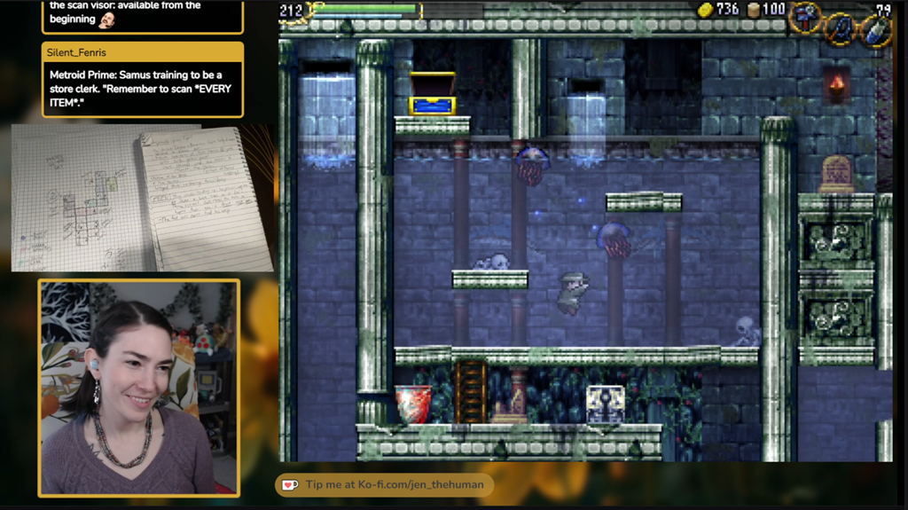 A screenshot of Jen_TheHuman Twitch Stream playing La-Mulana