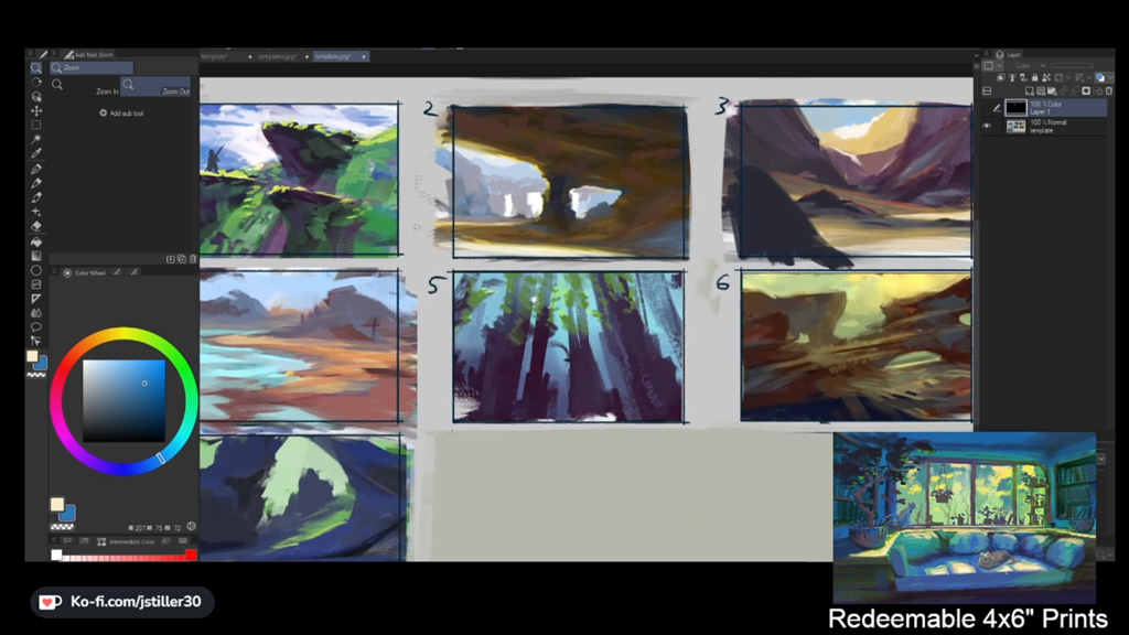 Screenshot of Jstiller30's Twitch stream - he is sketching landscape thumbnails in Clip Studio Paint