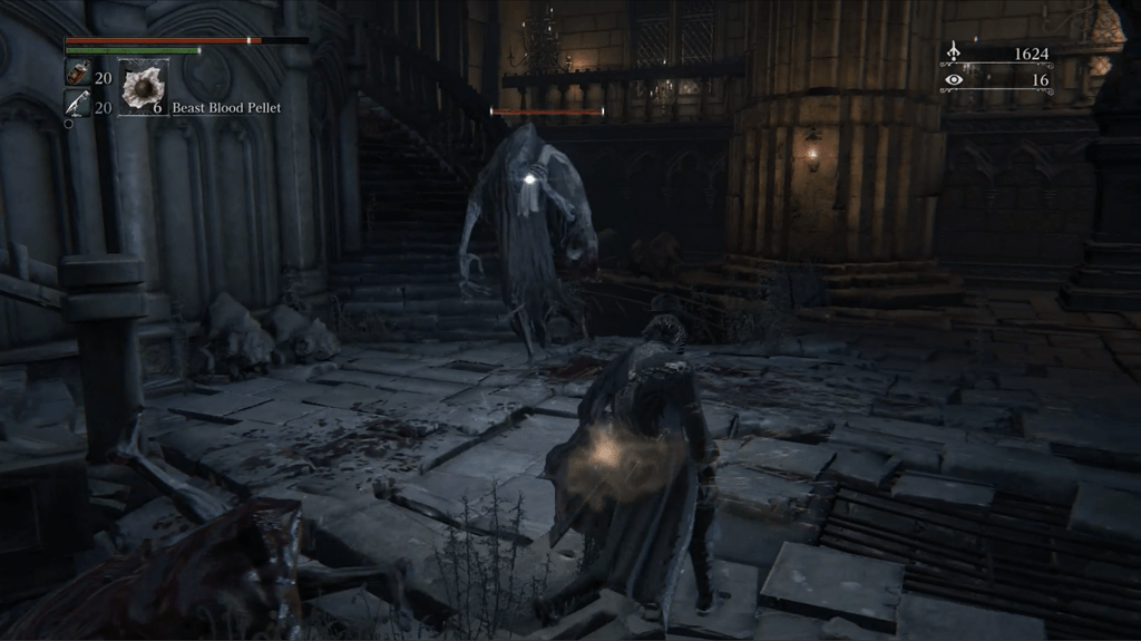 A screenshot of Robdood playing Bloodborne, his character fighting against a boss.